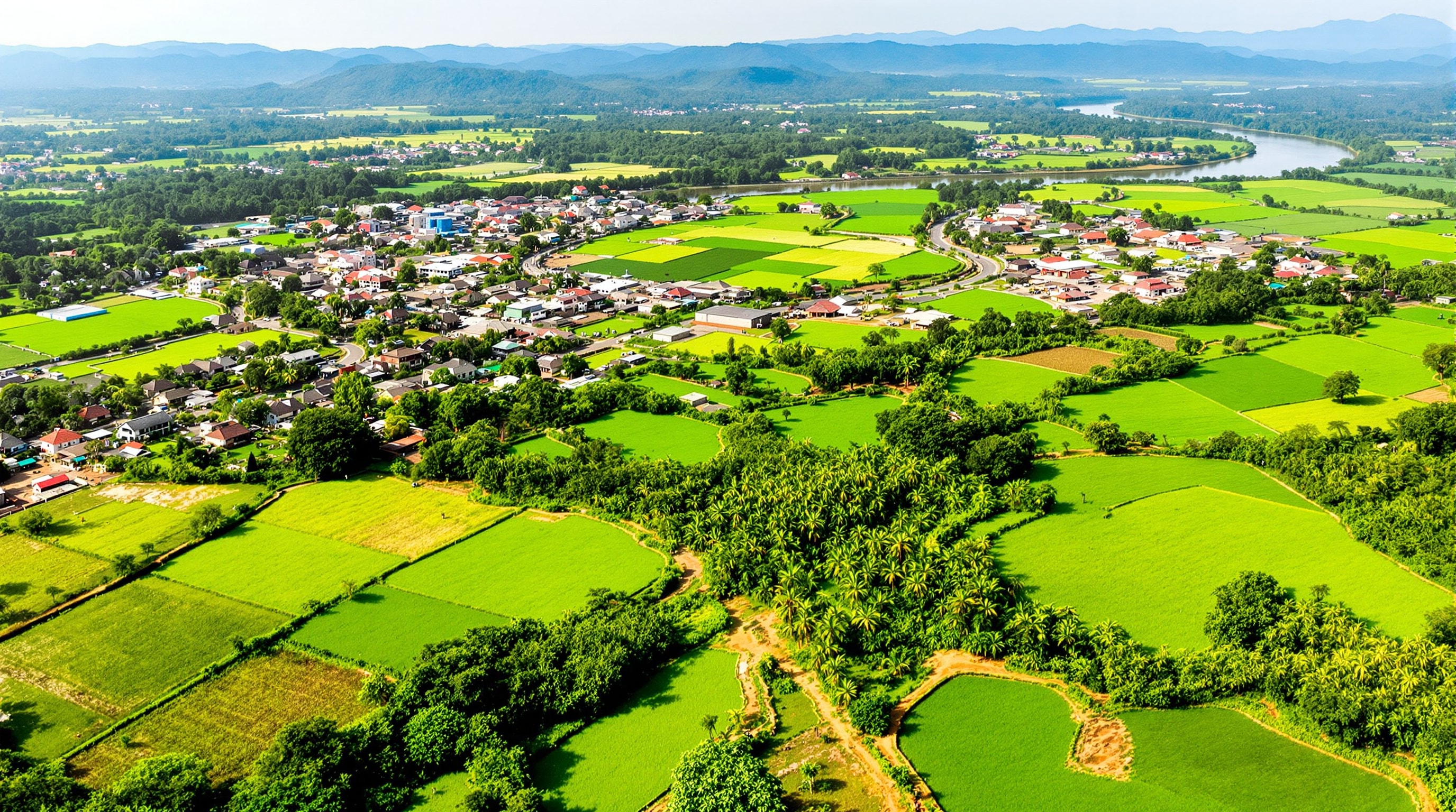 Elevated view of Eruvadi ringed by paddy fields and banana groves with hills beyond