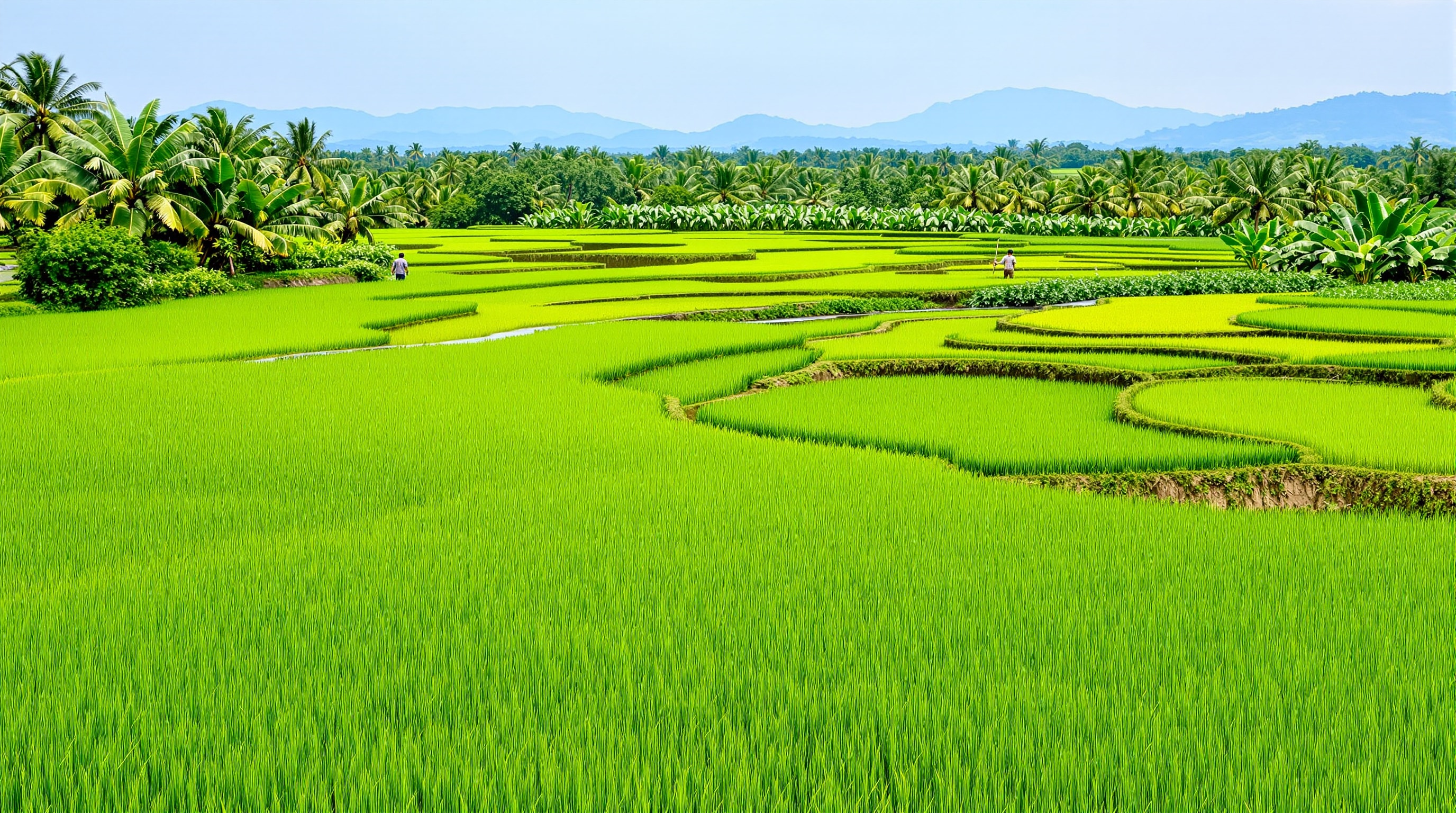 Green paddy fields and banana groves around Eruvadi, the base of its farming economy