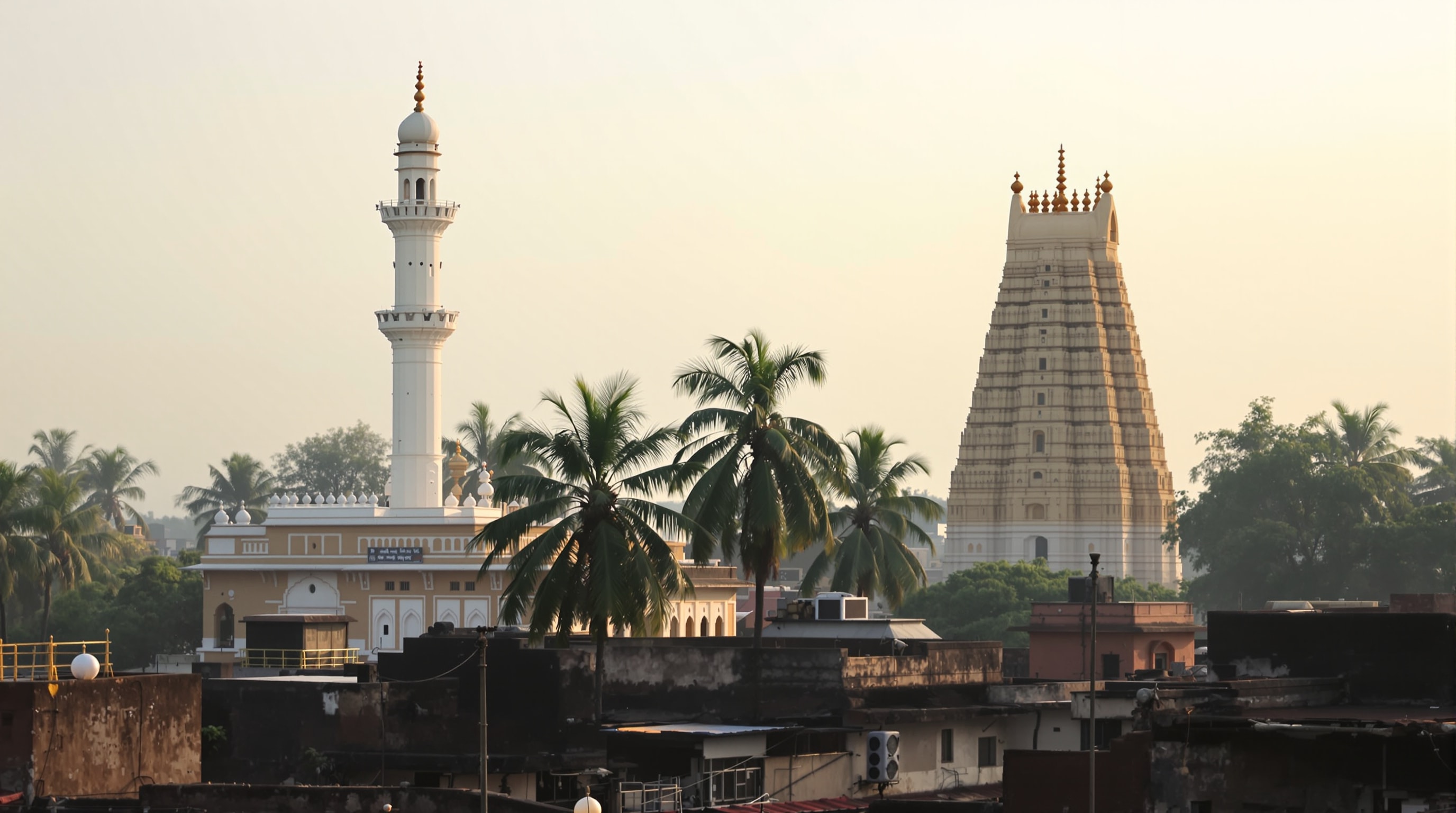 A historic mosque minaret and a temple tower rising together over the rooftops of Eruvadi