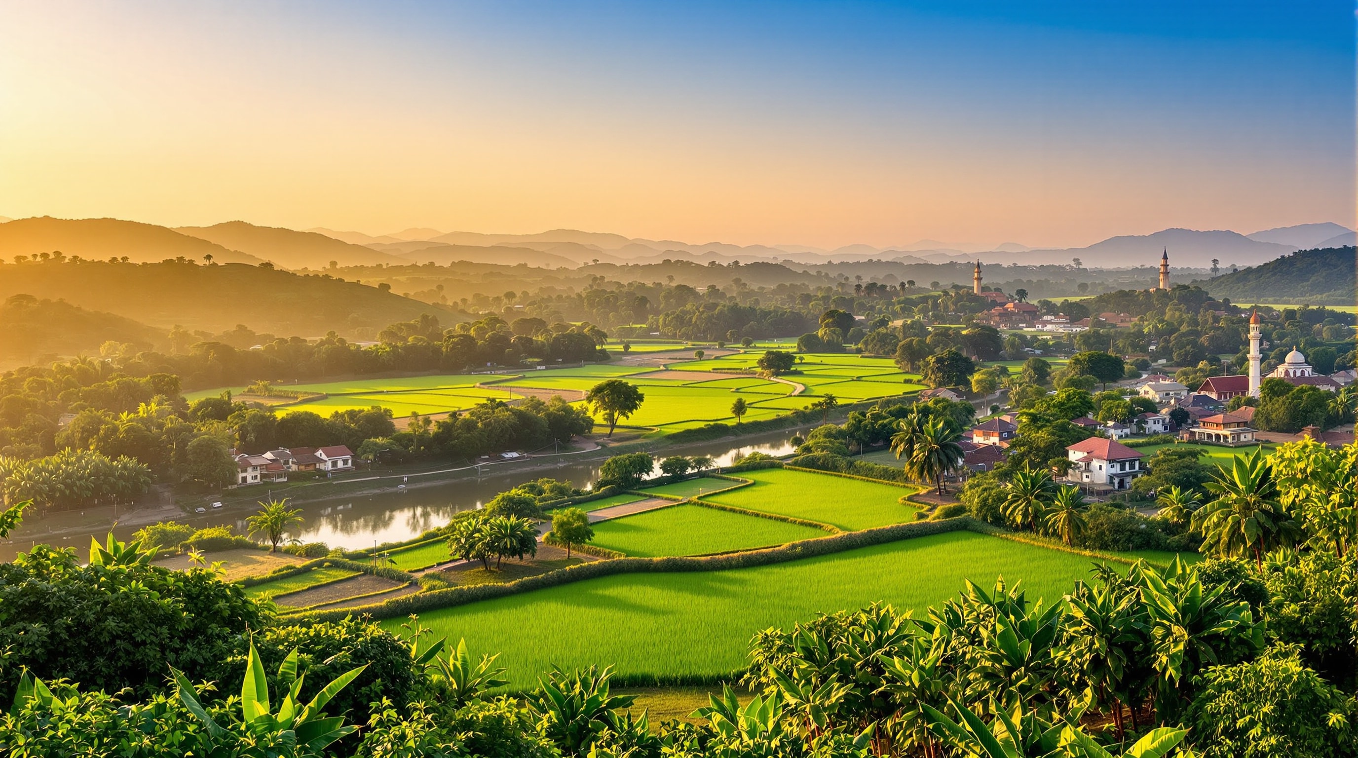 Golden-hour view of Eruvadi town among paddy fields, banana groves and hills with the Nambi river
