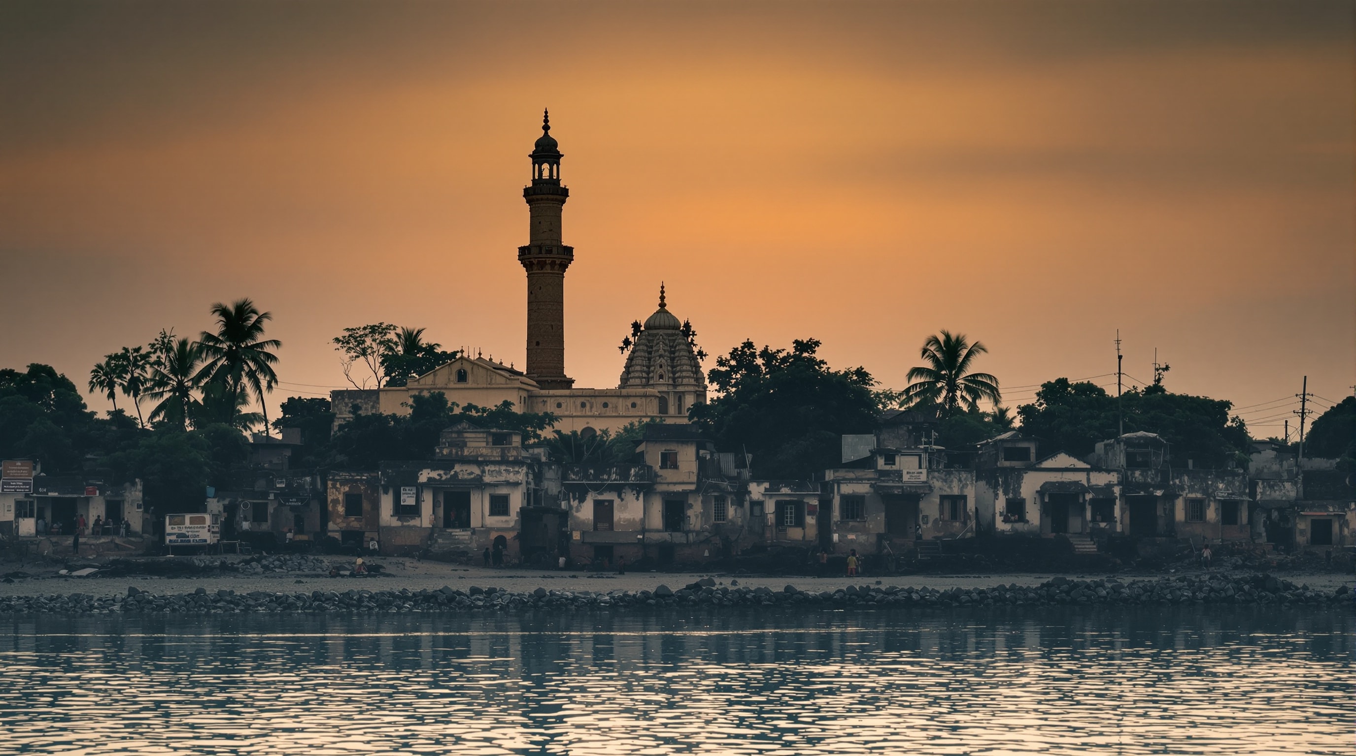 Dusk over historic Eruvadi with a mosque minaret and temple tower above the old town by the river