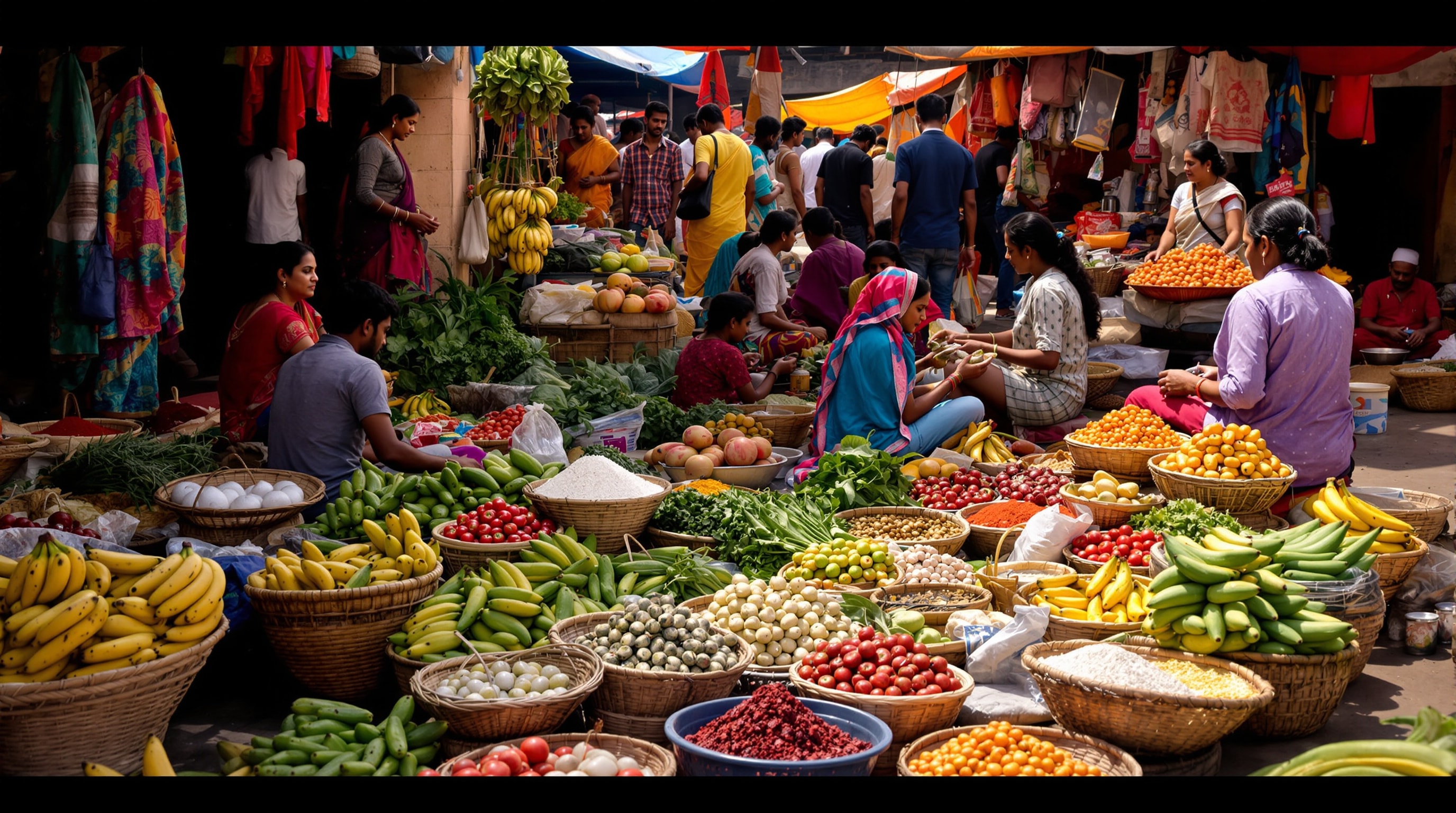 A colourful local street market in Eruvadi with vegetables, bananas and spices