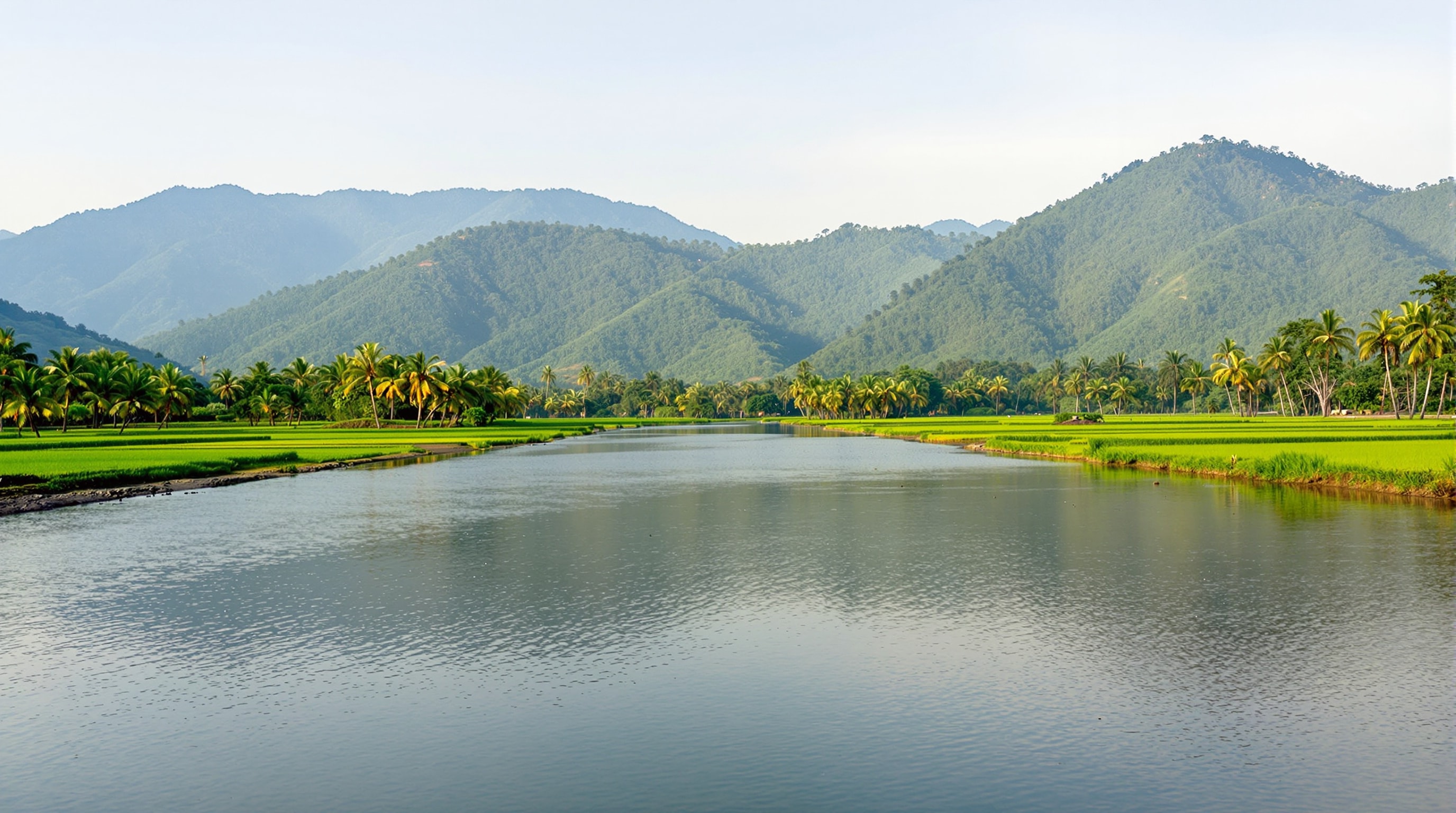 The Nambi river flowing through green fields below the Western Ghats near Eruvadi