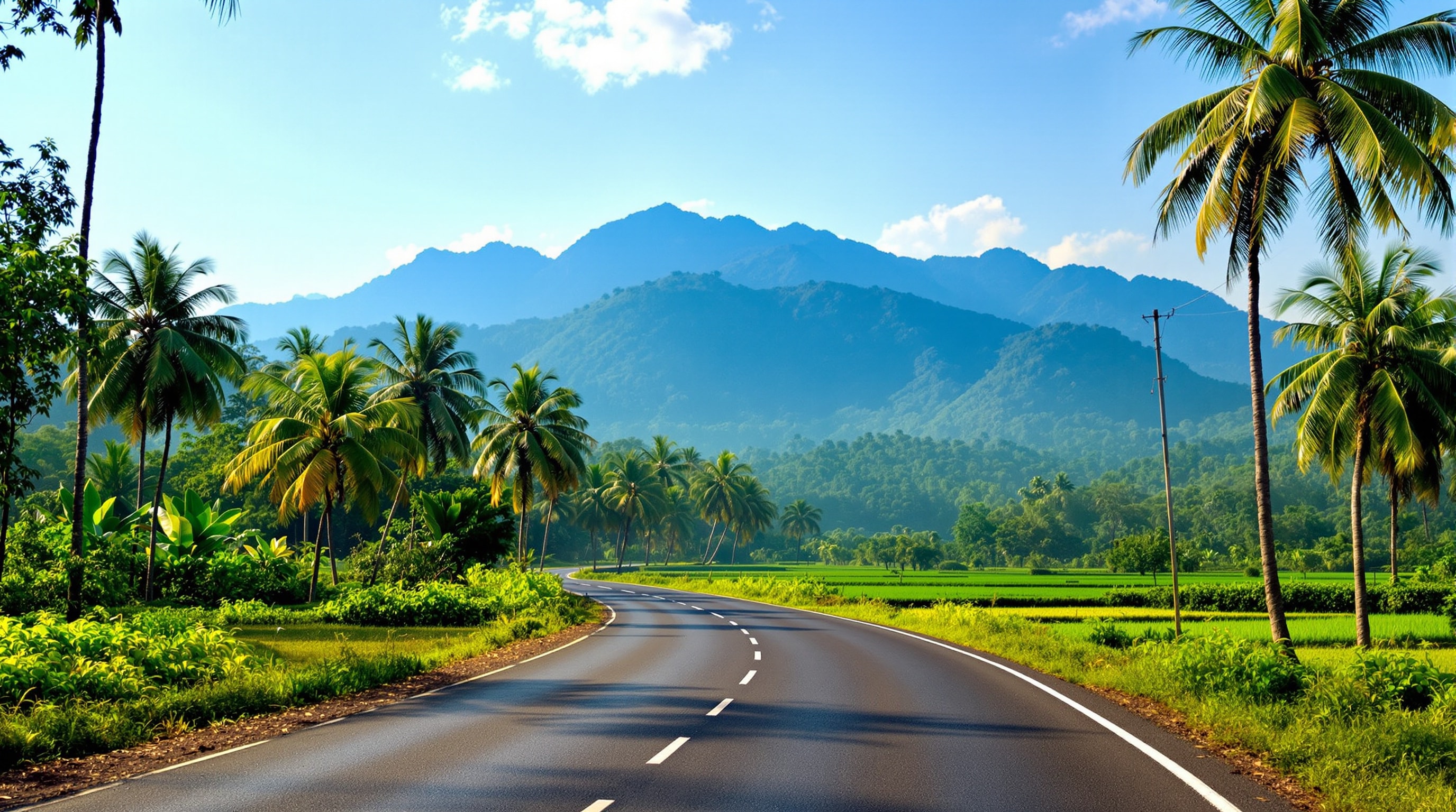 A rural road leading through green fields toward the Western Ghats near Eruvadi